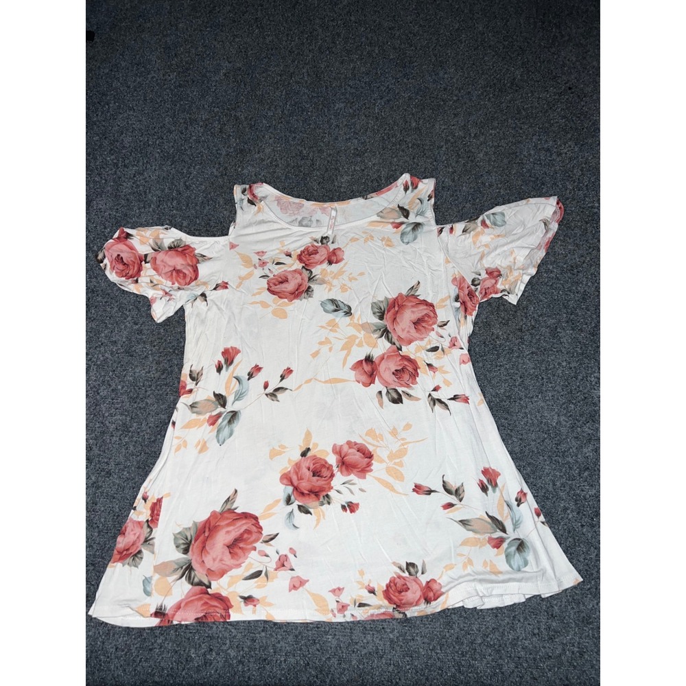 My Story Women White Floral Cold Shoulder Rose Print Short Sleeve Blouse Large